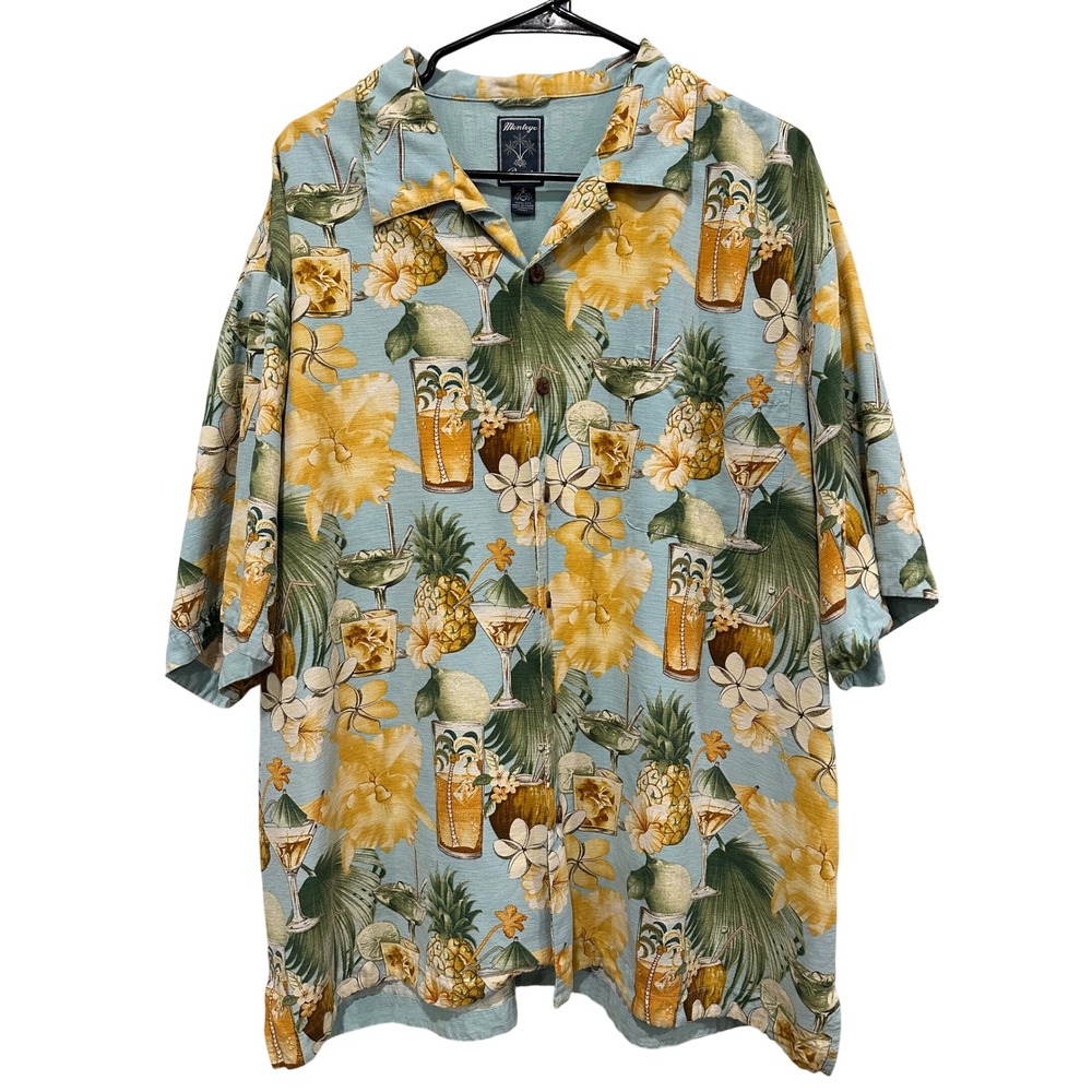 Montego Resort Mens XXL Silk Hawaiian Shirt Blue Tropical Loop Collar Pineapple